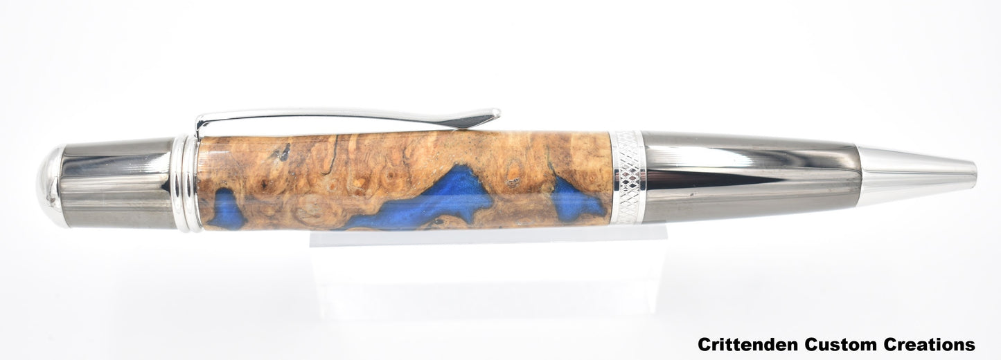 Maple Burl Hybrid with Royal Blue Resin - Sierra Vista Finial Twist Pen