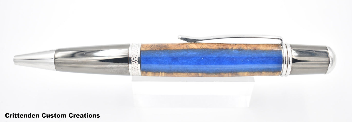 Maple Burl Hybrid with Royal Blue Resin - Sierra Vista Finial Twist Pen