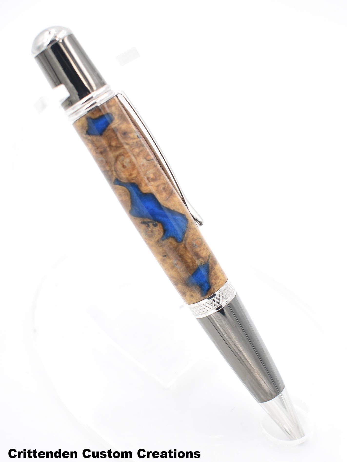 Maple Burl Hybrid with Royal Blue Resin - Sierra Vista Finial Twist Pen