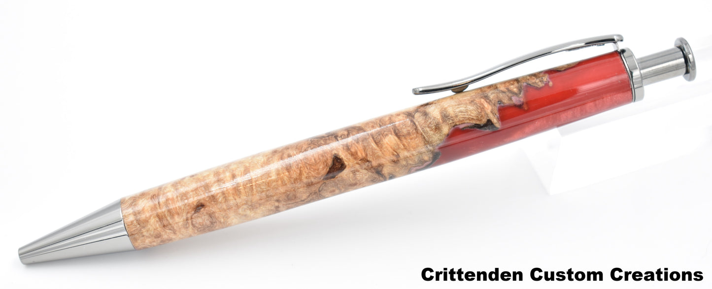 Ruby Red Acrylic and Maple Burl Hybrid  - Long Click Pen