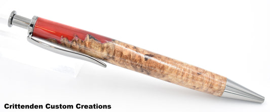 Ruby Red Acrylic and Maple Burl Hybrid  - Long Click Pen