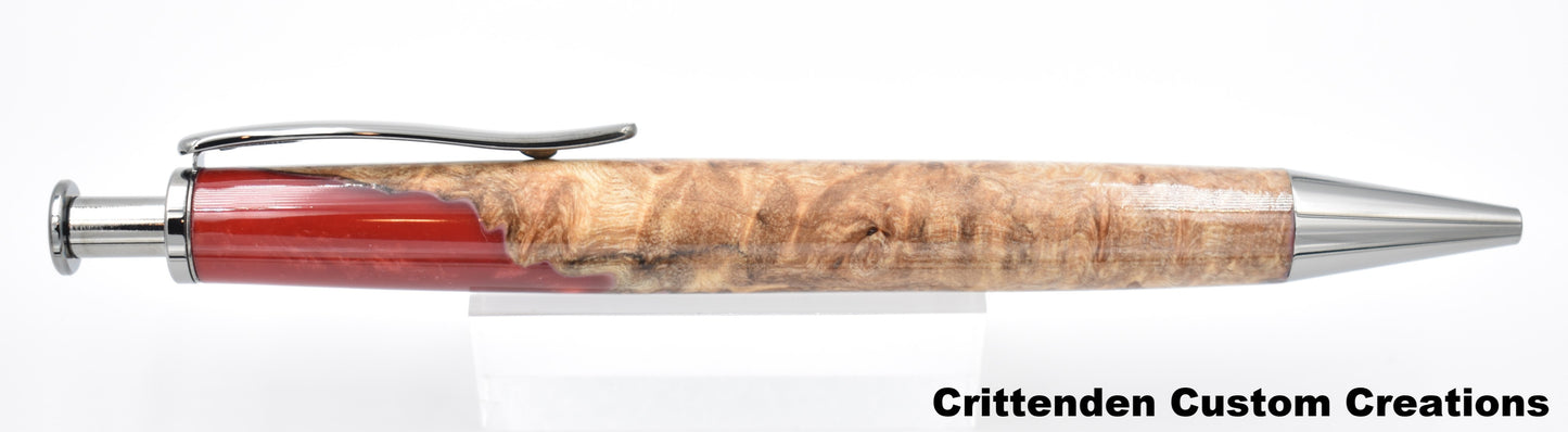 Ruby Red Acrylic and Maple Burl Hybrid  - Long Click Pen