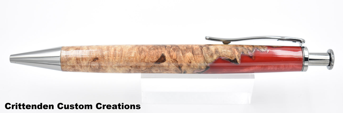 Ruby Red Acrylic and Maple Burl Hybrid  - Long Click Pen