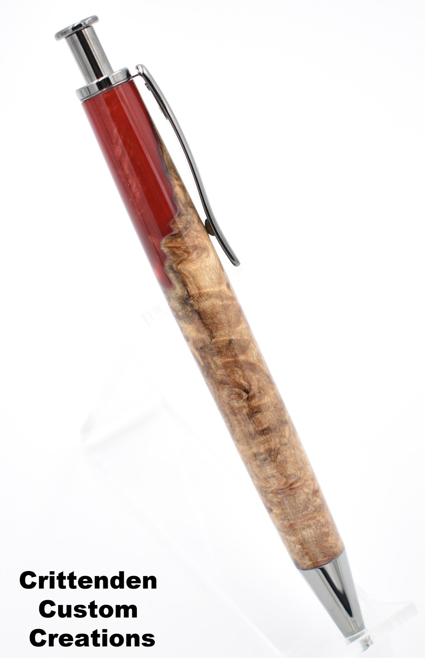 Ruby Red Acrylic and Maple Burl Hybrid  - Long Click Pen