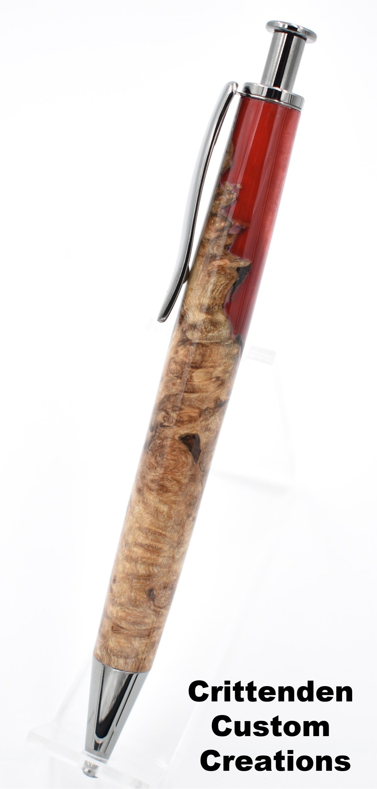 Ruby Red Acrylic and Maple Burl Hybrid  - Long Click Pen