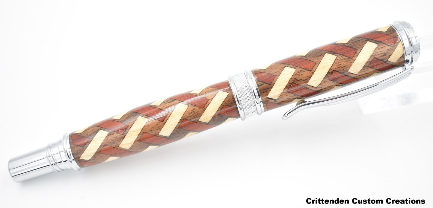 3 Wood Combination in a Herringbone Pattern (Laser-Cut Inlay)  - Jr. Harold Rollerball