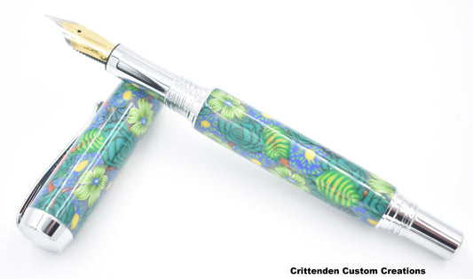 Blue and Green Flowers in Polymer Clay - Jr. George Fountain Pen
