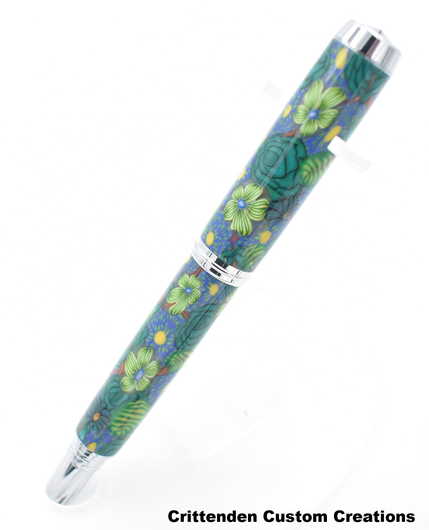 Blue and Green Flowers in Polymer Clay - Jr. George Fountain Pen