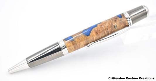Maple Burl Hybrid with Royal Blue Resin - Sierra Vista Finial Twist Pen