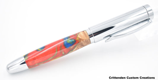 Multi-Color Resin and Maple Burl Hybrid  - Dennis Rollerball Pen