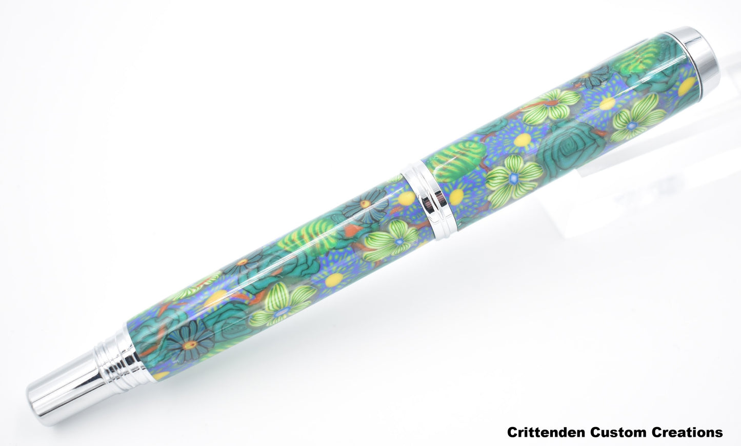 Blue and Green Flowers in Polymer Clay - Jr. George Fountain Pen